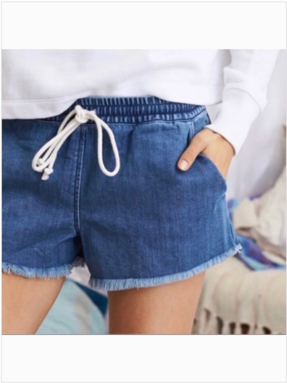 Aerie Navy Jean Shorts with Rope Tie, Small